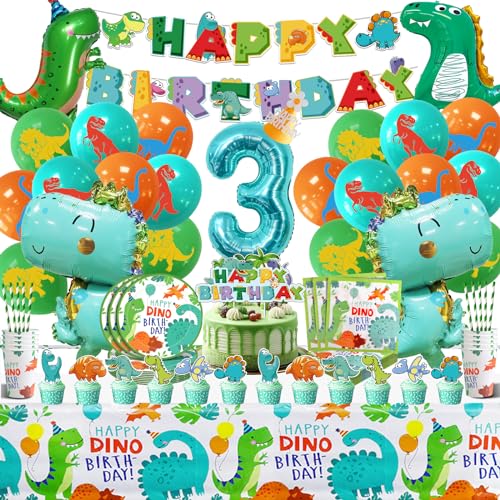 Dino Geburtstag Deko 3 Jahre,Dino Deko Kindergeburtstag,Dinosaurier Luftballons,Dinosaurier Geburtstagsdeko Jungen Mädchen,Dino Partygeschirr Set mit Pappteller Servietten,Dschungel Geburtstag Deko von XYWOQS