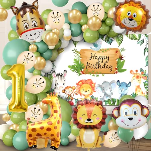 Dschungel Kindergeburtstag Deko 1 Jahr,Animals Luftballons Geburtstag Deko Party Junge Mädchen,Safari Waldtiere 1.Geburtstag Deko,Erster Wild One Geburtstagdeko von XYWOQS