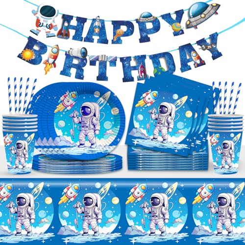 Weltraum Kindergeburtstag Deko,Astronaut Geburtstag Deko,Space Partygeschirr Set mit Tischdecke Becher Pappteller,Rakete Geburtstagsdeko,Space Thema Party Deko für Jungen Mädchen Geburtstag von XYWOQS