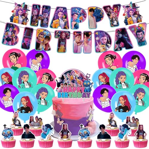 Huntrix Geburtstags Deko Huntrix Merch Kuchen Topper Cupcake Toppers Banner Party Dekorationen Zubehör für Kinder Fans von XYYYHTL