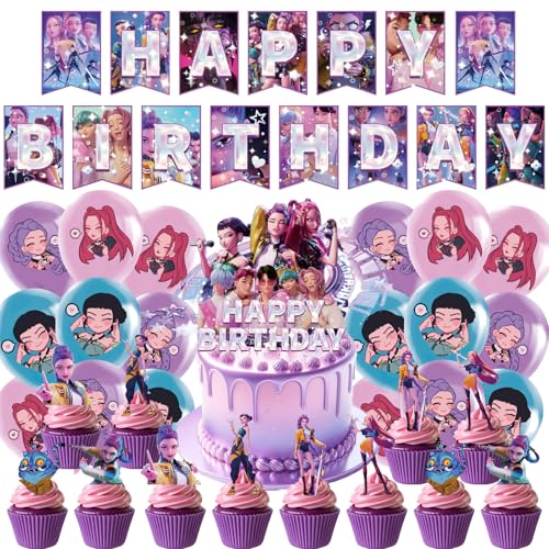 Huntrix Geburtstags Deko Huntrix Merch Kuchen Topper Cupcake Toppers Banner Party Dekorationen Zubehör für Kinder Fans von XYYYHTL