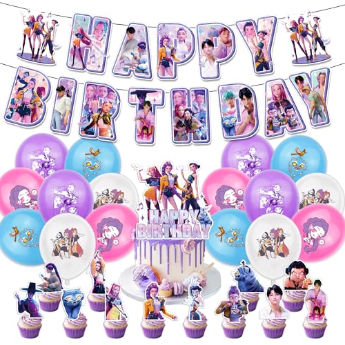 K𝘱𝘰𝘱 D𝘦𝘮𝘰𝘯 H𝘶𝘯𝘵𝘦𝘳𝘴 Geburtstags Deko 1*Banner+12*kleine Caketoppers+16*12 ins B+1*große Cake Topper Huntrix Thema Geburtstagseinladungen Pack für Fans von XYYYHTL