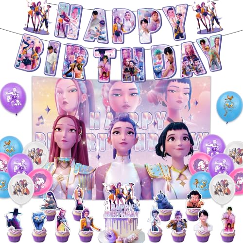 Kpop Demon Hunters Geburtstags Deko Huntrix Rumi Mira Zoey Jinu Saja Boys Kuchen Topper Cupcake Toppers Banner Party Dekorationen Zubehör für Kinder Fans von XYYYHTL