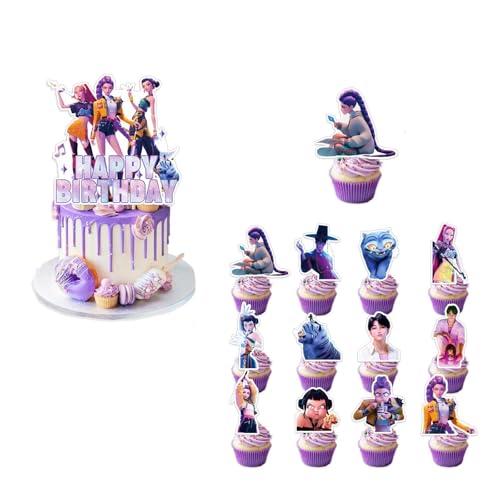Kpop Demon Hunters Geburtstags Deko Huntrix Rumi Mira Zoey Jinu Saja Boys Kuchen Topper Cupcake Toppers Banner Party Dekorationen Zubehör für Kinder Fans von XYYYHTL