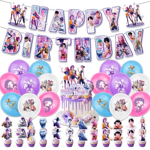Kpop Demon Hunters Geburtstags Deko Huntrix Rumi Mira Zoey Jinu Saja Boys Kuchen Topper Cupcake Toppers Banner Party Dekorationen Zubehör für Kinder Fans von XYYYHTL