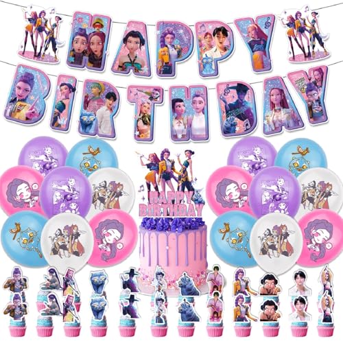 Kpop 𝘋𝘦𝘮𝘰𝘯 Hunters Geburtstags Deko Huntrix Rumi Mira Zoey Jinu Saja Boys Kuchen Topper Cupcake Toppers Banner Party Dekorationen Zubehör für Kinder Fans von XYYYHTL