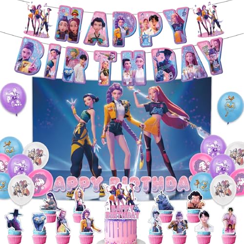 Kpop 𝘋𝘦𝘮𝘰𝘯 Hunters Geburtstags Deko Huntrix Rumi Mira Zoey Jinu Saja Boys Kuchen Topper Cupcake Toppers Banner Party Dekorationen Zubehör für Kinder Fans von XYYYHTL