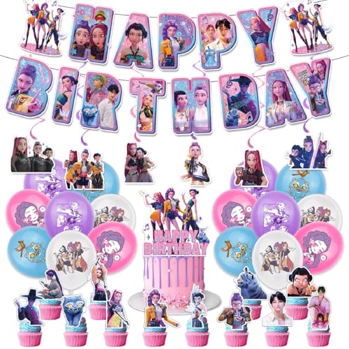 Kpop 𝘋𝘦𝘮𝘰𝘯 Hunters Geburtstags Deko Huntrix Rumi Mira Zoey Jinu Saja Boys Kuchen Topper Cupcake Toppers Banner Party Dekorationen Zubehör für Kinder Fans von XYYYHTL