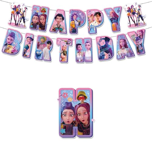 Kpop 𝘋𝘦𝘮𝘰𝘯 Hunters Geburtstags Deko Huntrix Rumi Mira Zoey Jinu Saja Boys Kuchen Topper Cupcake Toppers Banner Party Dekorationen Zubehör für Kinder Fans von XYYYHTL