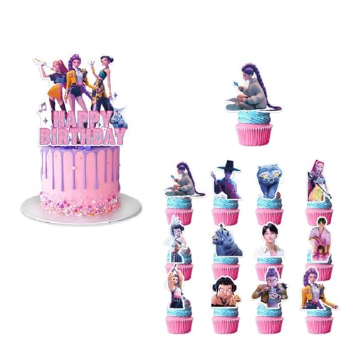 Kpop 𝘋𝘦𝘮𝘰𝘯 Hunters Geburtstags Deko Huntrix Rumi Mira Zoey Jinu Saja Boys Kuchen Topper Cupcake Toppers Banner Party Dekorationen Zubehör für Kinder Fans von XYYYHTL