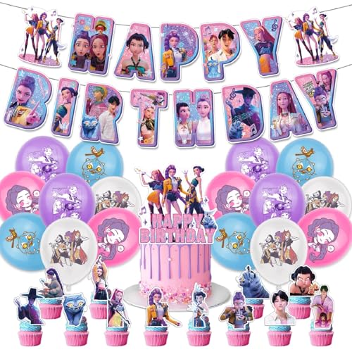 Kpop 𝘋𝘦𝘮𝘰𝘯 Hunters Geburtstags Deko Huntrix Rumi Mira Zoey Jinu Saja Boys Kuchen Topper Cupcake Toppers Banner Party Dekorationen Zubehör für Kinder Fans von XYYYHTL