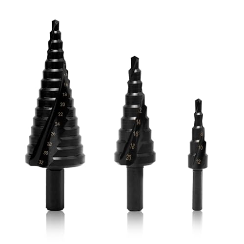 Stufenbohrer Set 3PCS,Spiralnut Stufenbohrer Set HSS Edelstahl Spiralnut Bithalter Schälbohrer Konusbohrer Metallbohrer Bohrer Satz 4-12mm/4-20mm/4-32mm Stufenbohrer Set 3PCS,Spiralnut Stufenbohrer Set HSS Edelstahl Spiralnut Bithalter Schälbohrer Konusbohrer Metallbohrer Bohrer Satz 4-12mm/4-20mm/4-32mm von XYZDOUBLE