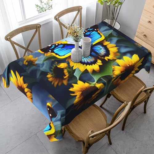XZDLYY Tischdecke, weich, rechteckig, Motiv: Sonnenblumen, Blau, Schmetterling, 89 x 140 cm, für Esszimmer, Party, Picknick, Hochzeit, Brunch oder Buffet von XZDLYY