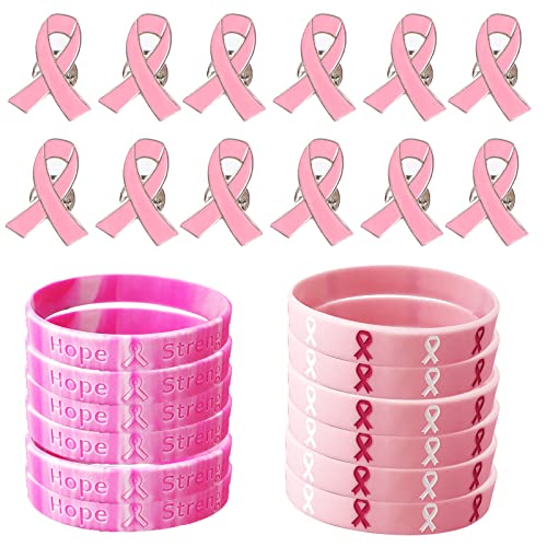 XZEIT 24 Stück Brustkrebs-Aufklärungsset mit rosa Schleife, 12 rosa Silikonarmbändern, Gummiarmbändern, und 12 rosa Schleifennadeln, rosa Bewusstseinsbänder für Brustkrebs-Bewusstseins-Bänder XZEIT 24 Stück Brustkrebs-Aufklärungsset mit rosa Schleife, 12 rosa Silikonarmbändern, Gummiarmbändern, und 12 rosa Schleifennadeln, rosa Bewusstseinsbänder für Brustkrebs-Bewusstseins-Bänder von XZEIT
