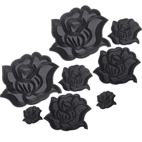 XZEIT 8 Stück schwarz rosen-applikationen, Rose Bügelflicken, Schwarze Rose Stoffflicken Rosenblume Reparaturflicken 4 Größen zum Aufbügeln oder Aufnähen für Jacken, Jeans,Kleidung,Hüte,Schuhe, Tasche von XZEIT