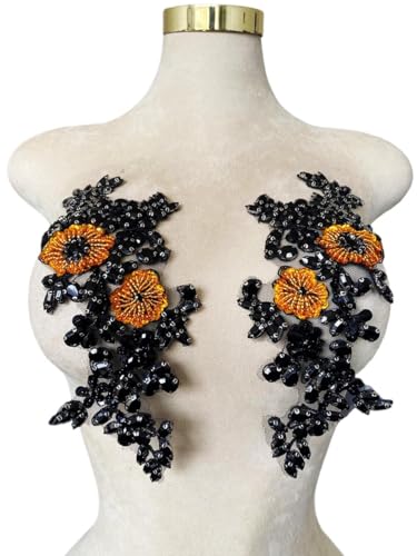 XZG.beatal Handgefertigte glänzende Strass-Applikation, Applikation, Aufnäher, Perlen, Pailletten, Steinbesatz, Zubehör für Hochzeitskleid, 1 Paar/Beutel, 28,9 x 12,9 cm, Schwarz / Gold von XZG.beatal