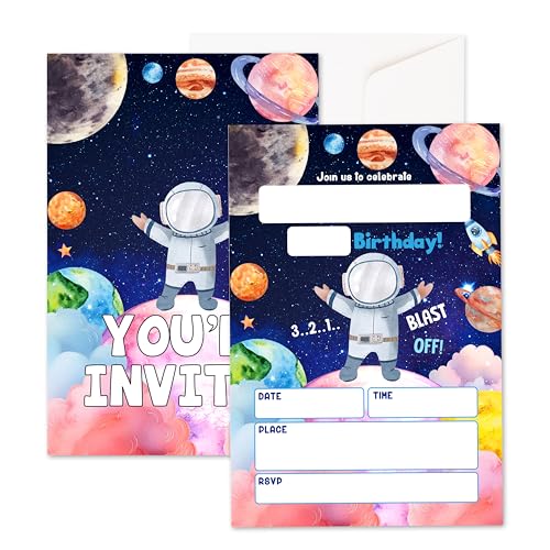 Geburtstagseinladungen für Mädchen und Jungen, Weltraum Geburtstagsparty-Einladungen, 20 Stück, Planeten, Astronauten-Themen-Einladungen mit Umschlägen, Party-Feierbedarf, doppelseitig, zum Ausfüllen von Xanev