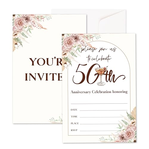 Xanev Einladungen zum Hochzeitstag, Boho-Blumenmuster, Brautparty, 20 Stück, Hochzeitseinladungen mit Umschlägen, Partyzubehör zum 50. Hochzeitstag, Dekoration, doppelseitiges Ausfüllen, 01 von Xanev