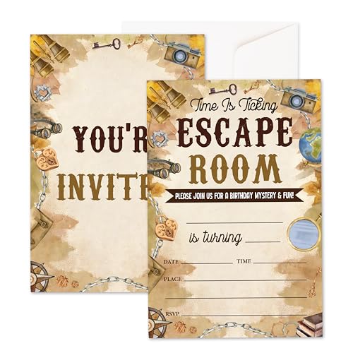 Xanev Geburtstagseinladungen für Jungen und Mädchen, Escape Room Geburtstagsparty-Einladungen, 20 Stück, Mystery-Vintage-Themen-Einladungen mit Umschlägen, Party-Feierbedarf, doppelseitige von Xanev