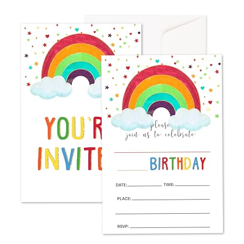 Xanev Geburtstagseinladungen für Mädchen und Jungen, Regenbogen-Geburtstagsparty-Einladungen, 20 Stück, bunte Einladungen mit Umschlägen, Partyzubehör, doppelseitig, zum Ausfüllen, 19 Stück von Xanev