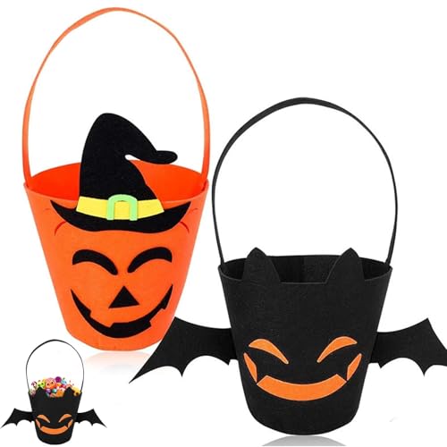 Xanthelle Halloween Eimer Set, 2 Filz Süßigkeitenkörbe mit Kürbis und Fledermaus Motiv, Halloween Korb für Kinder, Süßigkeitenschale zum Sammeln & Dekorieren von Xanthelle
