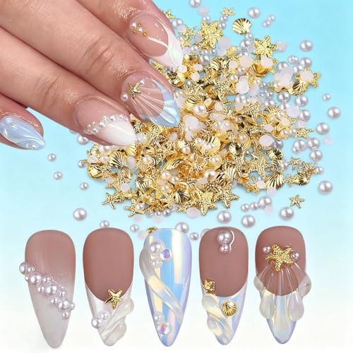 Xanthelle Nail Charms, Nagel Charms mit Perlen, Gold Seesternen und Muscheln, 200 Stück Nail Art Charms für Sommer Nägel, Strasssteine und Steine Nägel von Xanthelle