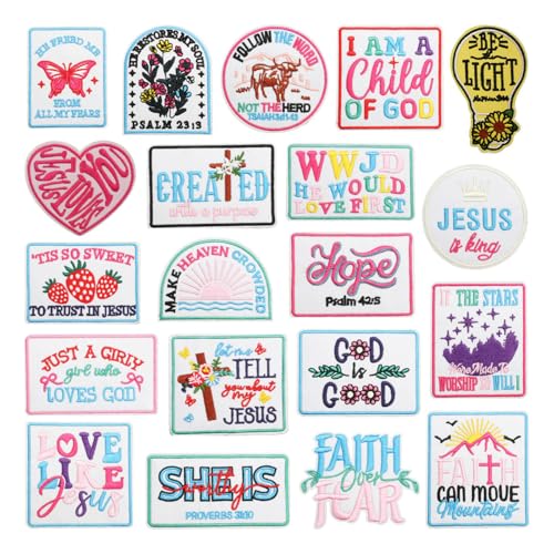 Xanthelle Patches zum Aufbügeln, 20 Englische Bestickte Bügelflicken mit Jesus Motiven, Bügelbilder für Textilien, Kinder & DIY Patches Selbst Gestalten von Xanthelle