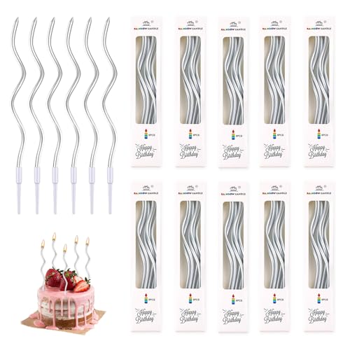 60 Stück Gebogene Geburtstagskerzen Silber, Spiral Kuchen Kerzen, Lange dünne Kuchenkerzen mit Halter, Partydekoration Hochwertige Kerzen für Torte, Cupcakes, Jubiläen, Hochzeiten, Geburtstagsfeiern 60 Stück Gebogene Geburtstagskerzen Silber, Spiral Kuchen Kerzen, Lange dünne Kuchenkerzen mit Halter, Partydekoration Hochwertige Kerzen für Torte, Cupcakes, Jubiläen, Hochzeiten, Geburtstagsfeiern von Xatgiouy