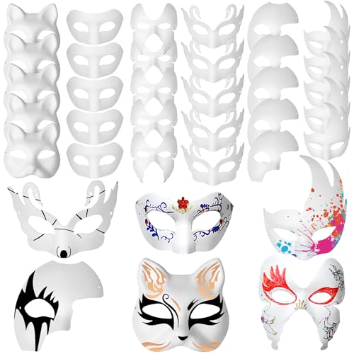 30 Stück Pappmaché-Masken, weiße Papiermasken, Bastelmasken, Halbgesichtsmasken, Party-Masken, DIY, blanko, bemalbar, Kunst, Cosplay-Masken (6 Stile) von Xaztr