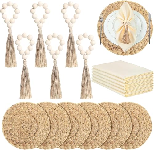 Boho Tischsets 6er Set, 6 x gewebte runde Tischsets, 6 x Holzperlen-Serviettenringe, 6 x Stoffservietten, natürliches Seegras-Rattan-Tischmatte für Bauernhaus-Stil, Esstischdekoration von Xaztr