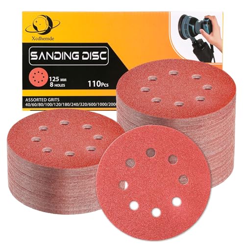 Xcdhemde® 110 Stück Schleifpapier 125mm Klett, Schleifscheiben 8 Löcher Rund, je 10 x Körnung 40/60/80/100/120/180/240/320/600/1000/2000, für Exzenterschleifer zum Schleifen Polieren Entzundern von Xcdhemde