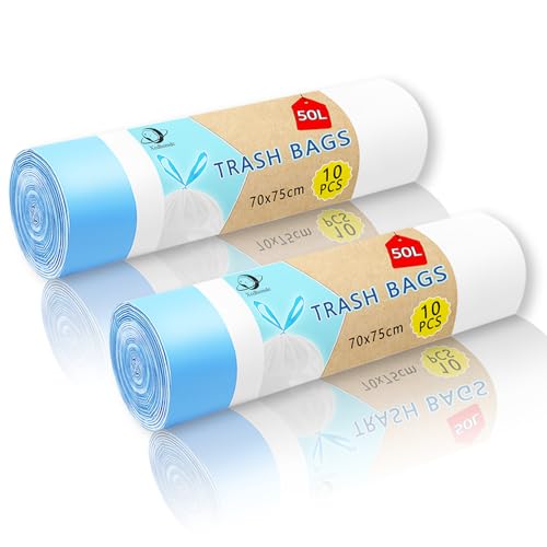 Xcdhemde 2 Rollen Müllsäcke 50L, Müllbeutel mit praktischem Zugband, Reißfeste Mülltüten (2 x 10 Beutel), Wasserdichte Trash Bags für Küche, Büro, Wohnzimmer (Größe: 70 x 75 cm, Weiß) von Xcdhemde