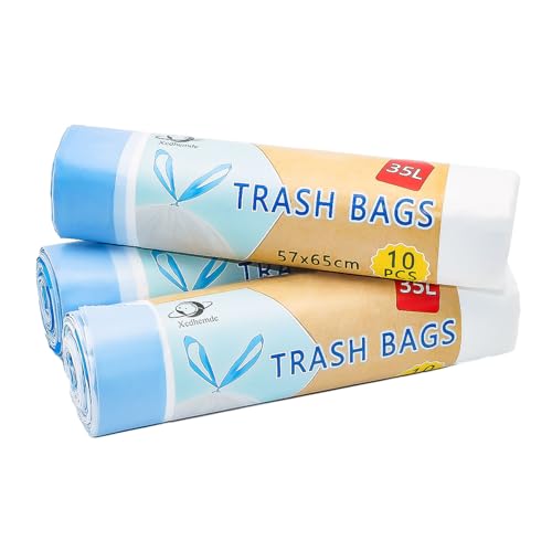 Xcdhemde 30 Stück Müllsäcke 35L, Müllbeutel mit praktischem Zugband, Reißfeste Mülltüten (3 Rollen x 10 Beutel), Wasserdichte Trash Bags für Zuhause oder Büro (Größe: 57 x 65 cm, Weiß) von Xcdhemde