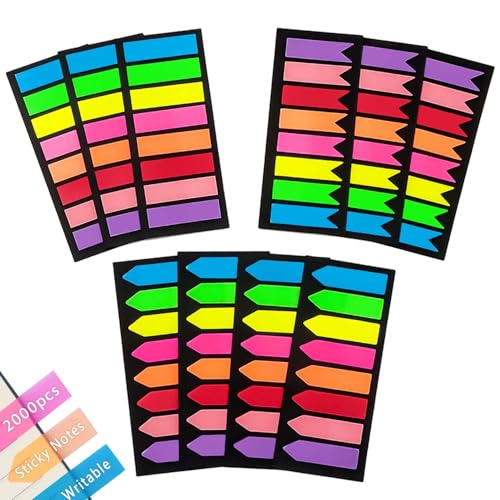 Xcdhemde Haftstreifen 2000 Stück, Haftnotizen, Sticky Notes Schreibbar, Seitenmarker Repositionierbar, Klebezettel, Haftmarker Plastik, Page Marker zum Lesen Markieren DIY [3 Designs, 8 Farben] von Xcdhemde