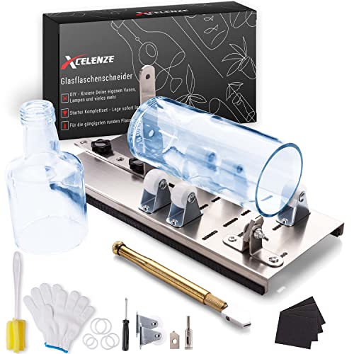 Xcelenze – Premium Glasschneider für Flaschen vormontiert zum sofortigen Starten für Anfänger und Profis | Flaschenschneider mit 5 verstellbaren Rädern für perfekte DIY Lampen, Kerzenständer von Xcelenze