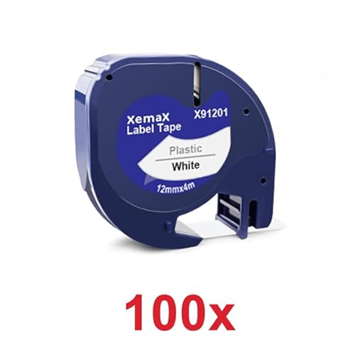 100x XemaX Kompatibel für Dymo Letratag 12mm x 4m Etikettenband, Schwarz auf Weiß Schriftband, 91201 91221 S0721610 S0721660 Kunststoffschriftband für Dymo Gerät LT-100H LT-100T XR 200B 2000 XM 80 von XemaX