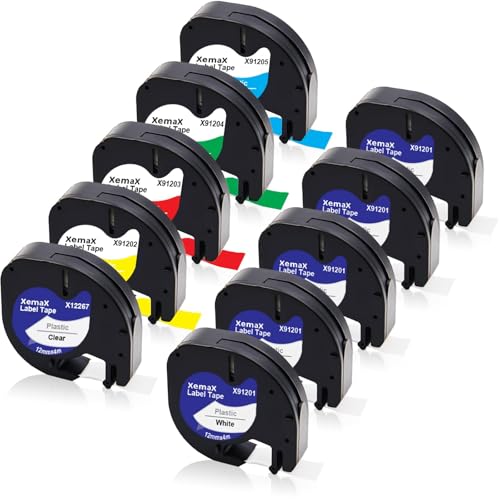 10x Etikettenband Ersatz für Dyno Letra Etikettenband 12mm x 4m 16951 91221 91222 91223 91224 91225 Etiketten Kunststoff Bänder für Beschriftungsgerät LT-100H 100T XR XM QX50 2000 200B 80 von XemaX