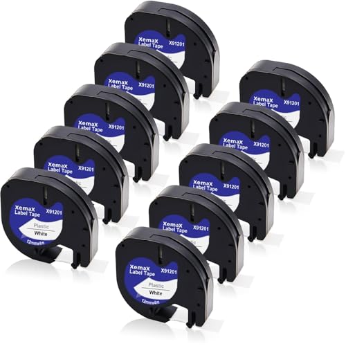 10x XemaX Kompatibel für Dyno Letra 12mm x 4m Etikettenband, Schwarz auf Weiß Schriftband, 91201 91221 S0721610 S0721660 Kunststoffschriftband für Dyno Gerät LT-100H LT-100T XR 200B 2000 XM 80 von XemaX