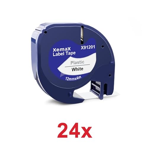 24x XemaX Kompatibel für Dymo Letratag 12mm x 4m Etikettenband, Schwarz auf Weiß Schriftband, 91201 91221 S0721610 S0721660 Kunststoffschriftband für Dymo Gerät LT-100H LT-100T XR 200B 2000 XM 80 von XemaX