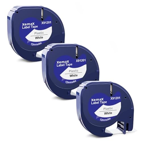 3x XemaX Kompatibel für Dyno Letra 12mm x 4m Etikettenband, Schwarz auf Weiß Schriftband, 91201 91221 S0721610 S0721660 Kunststoffschriftband für Dyno Gerät LT-100H LT-100T XR 200B 2000 XM 80 von XemaX