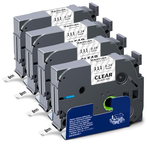 4x XemaX Etikettenband Kompatibel für Brother P-touch Bänder 6mm TZe-111 TZ-111 Schriftbänder Schwarz auf Transparent Etiketten Kassette für Brother PT-E110 H100R H110 H101C H108 E100 H100LB H105 von XemaX