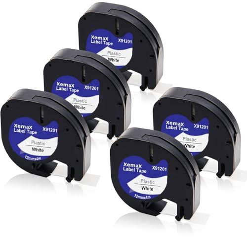 5x XemaX Kompatibel für Dyno Letra 12mm x 4m Etikettenband, Schwarz auf Weiß Schriftband, 91201 91221 S0721610 S0721660 Kunststoffschriftband für Dyno Gerät LT-100H LT-100T XR 200B 2000 XM 80 von XemaX