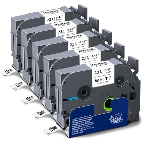 5x XemaX Schriftband Kompatibel für Brother P-touch Bänder 12mm TZe-231 TZe 0,47'' Etikettenband für Brother Beschriftungsgerät PT-1010 H105 D600 H100R H110 H101C H100LB H200 D400, Schwarz auf Weiß von XemaX