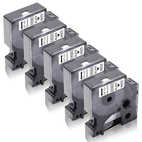 5x XemaX Kompatibel für Dyno Etikettenband 19mm x 7m D1 45803 S0720830 Schwarz auf Weiß Bänder A45803 45803s Schriftband für Dyno Label Manager 350 360D 420P 450 500TS Label Point 300 350 von XemaX