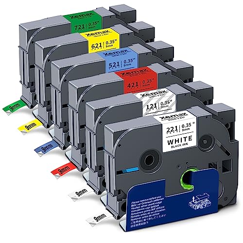 6x XemaX Kompatibel Schriftband Ersatz für Brother P-touch Bänder 9mm TZe-221 TZe-121 TZe-421 TZe-521 TZe-621 TZe-721 Etikettenband für Brother P-Touch H105 1010 H100R H110 H101C H100LB H200 D400 von XemaX