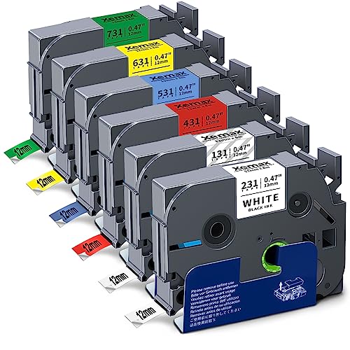 6x XemaX Kompatibel Schriftband Ersatz für Brother P-touch Bänder TZe-231 TZe-131 TZe-431 TZe-531 TZe-631 TZe-731 12mm Etikettenband für Brother P-Touch H105 1010 H100R H110 H101C H100LB H200 D400 von XemaX