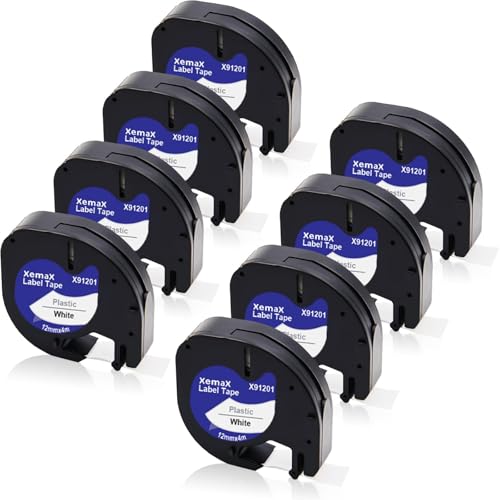 8x XemaX Kompatibel für Dyno Letra 12mm x 4m Etikettenband, Schwarz auf Weiß Schriftband, 91201 91221 S0721610 S0721660 Kunststoffschriftband für Dyno Gerät LT-100H LT-100T XR 200B 2000 XM 80 von XemaX