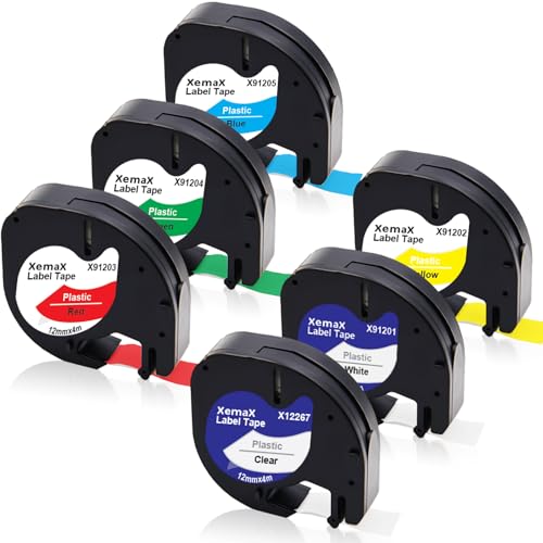 6x Etikettenband Ersatz für Dyno Letra Etikettenband 12mm x 4m 16951 91221 91222 91223 91224 91225 Etiketten Kunststoff Bänder für Beschriftungsgerät LT-100H 100T XR XM QX50 2000 200B 80 von XemaX