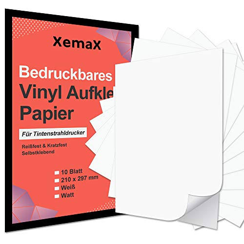 XemaX 10 Blatt Vinyl Sticker Papier zum Bedrucken, Selbstklebendes Papier Klebepapier A4 Bedruckbar, Matt Vinyl Aufkleber Papier Sticker Papier A4 (210 x 297 mm) for Tintenstrahldrucker Drucker von XemaX