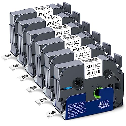 6x XemaX Schriftband Kompatibel für Brother P-touch Bänder TZe-231 TZe 12mm 0,47'' Etikettenband für Brother Beschriftungsgerät PT-1010 H105 D600 H100R H110 H101C H100LB H200 D400, Schwarz auf Weiß von XemaX